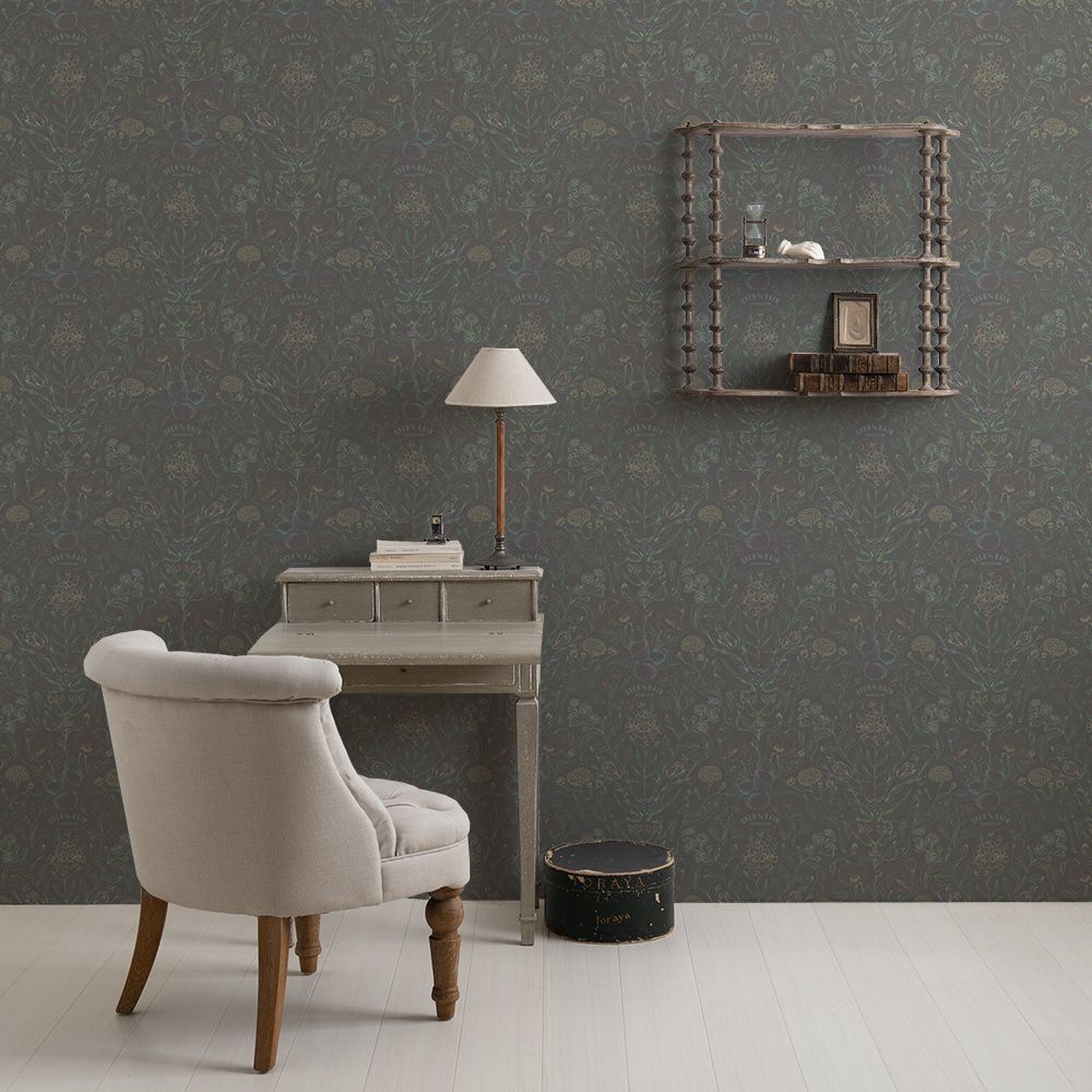 SAMPLE over botanical charcoal gray WALLPAPER