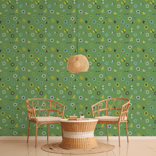 The Flowers and the Birds Green 3 m long WALLPAPER