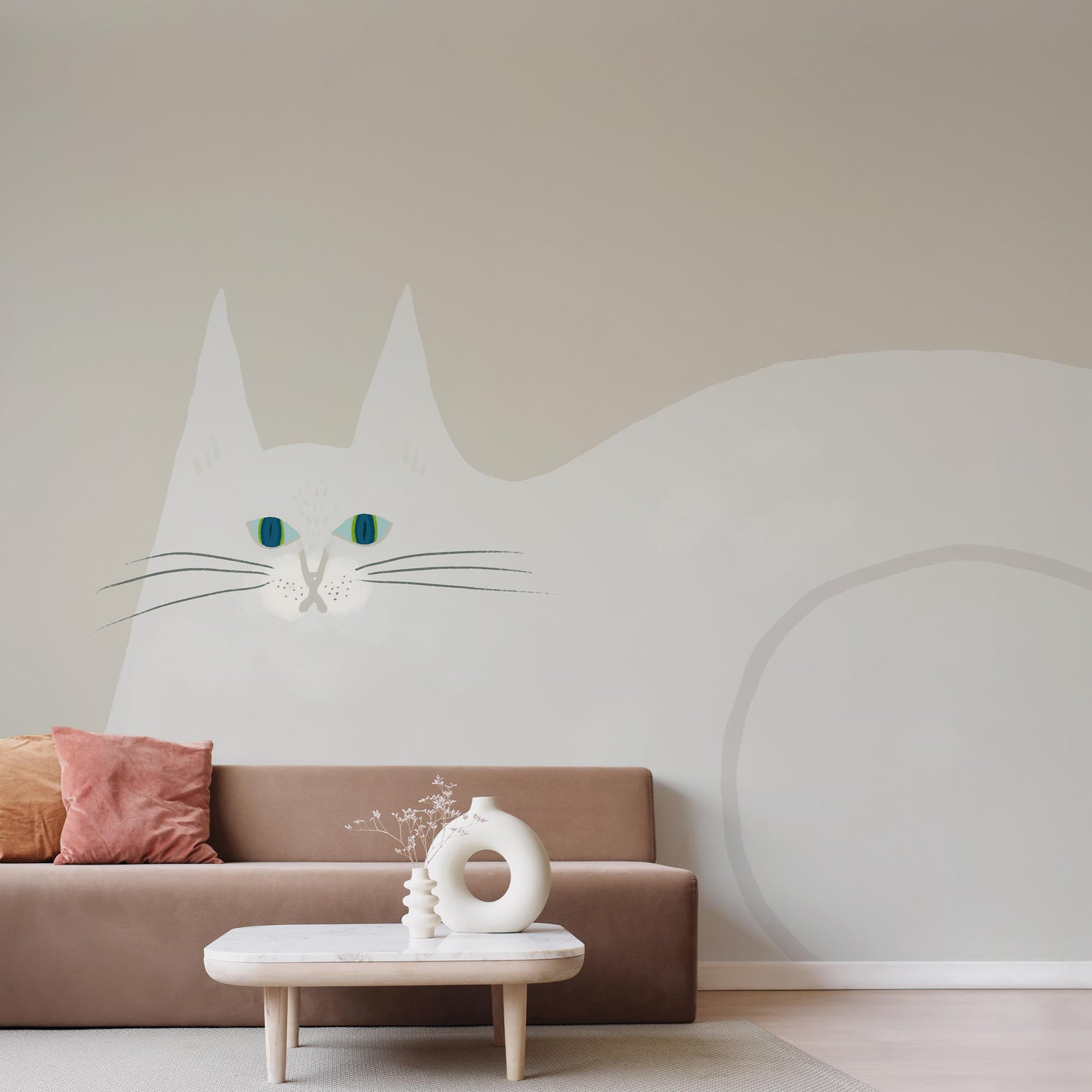 となりのへやはどんなへや？ 猫の壁紙 (しろねこ) シール素材 サイズオーダー壁紙